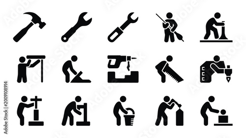 Foto Set of 15 Black and White Construction Workman Industry Vector Icons