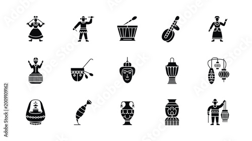 Foto Set of 15 Traditional Culture and Music Glyph Icons Vector