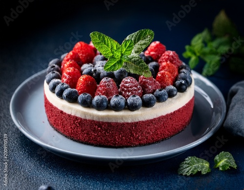 delicious berry cake topped with fresh mint on a dark background use this image to promote baking recipes and desserts
