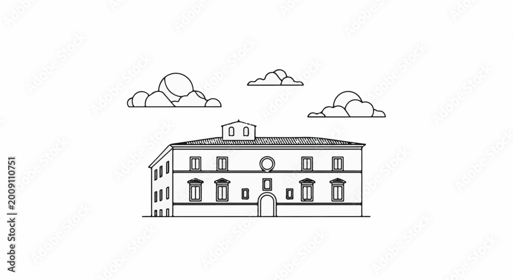Naklejka premium Stylized line art of a classical building with segmented clouds above