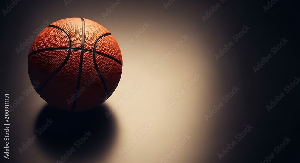Obraz premium Top view of a single basketball on a dark background with spotlight