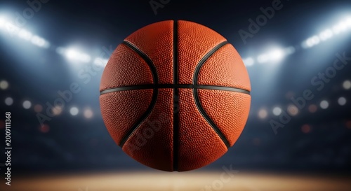 Top view of a basketball on a court with spotlight