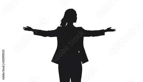 Businesswoman stands with arms wide open to demonstrate a welcoming and confident corporate attitude.