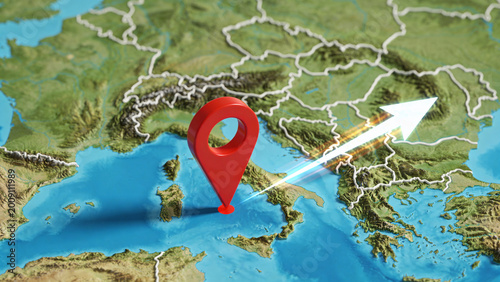 A map with a marker showing a journey from Italy to Romania. An arrow marks the direction from Italy to Romania