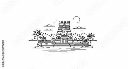 Stylized line art of a tiered temple with palm trees and mountains
