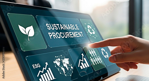 Sustainable Procurement concept on a modern tablet with hand touch screen for the future business.