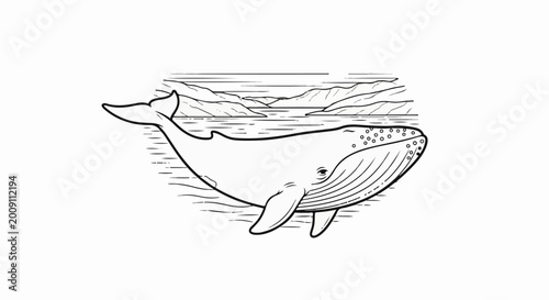 Stylized line art of a whale swimming in calm waters with distant mountains