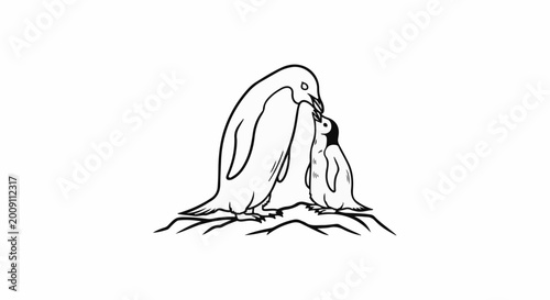Stylized line art of adult and young penguins interacting