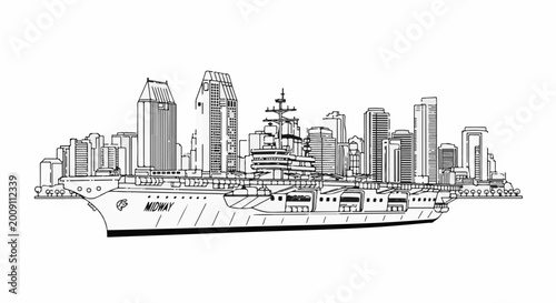 Stylized line art of an aircraft carrier in front of a city skyline