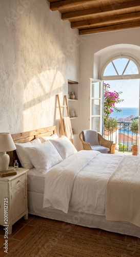 Fresh summer bedroom interior with small bedroom, white bed, arched balcony door and sea view