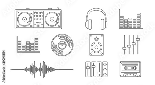 Dj equipment, audio devices, music icons vector set