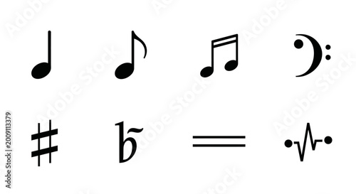 Collection of musical notes and symbols on white background