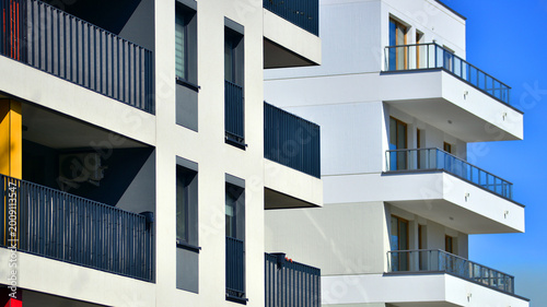 Downtown modern residential architecture. Architectural details of modern apartment building. Modern european residential apartment building complex.