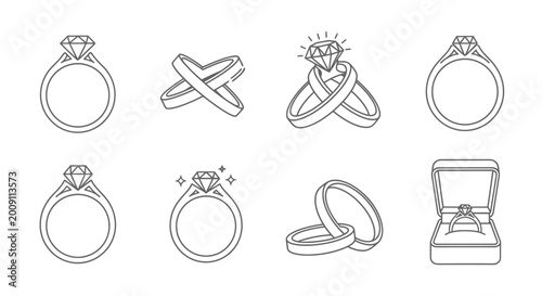 Diamond Ring Icons Set - Engagement, Wedding, Jewelry Design Elements