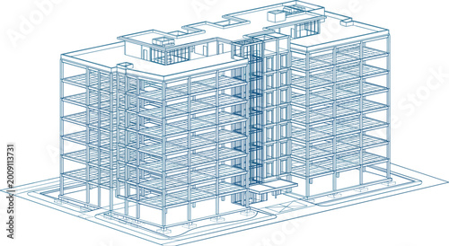 Fotografie 3D Blueprint of Modern Multi-Story Office Building with Steel Structure and Deta