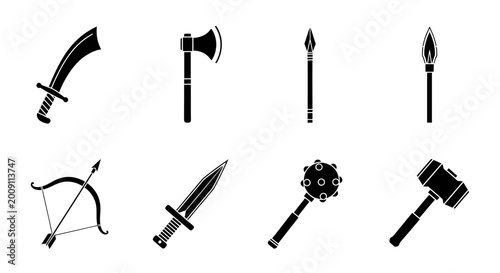 Tableau sur toile Ancient Weapon Icons: Sword, Axe, Spear, Torch, Bow, Dagger, Mace, Hammer