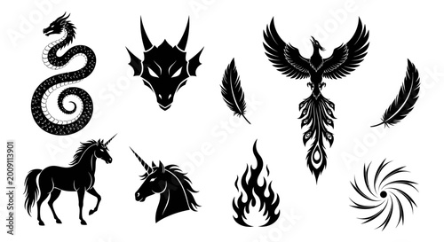 Bild auf Leinwand Mythical Creatures Silhouette Collection: Dragon, Phoenix, Unicorn, Fire, Feathe