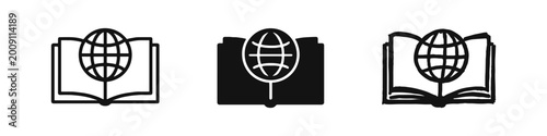 Bild auf Leinwand Global education and knowledge icon set with open book and world globe