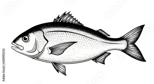 Foto Detailed Hand-Drawn Illustration of a Sea Bass Fish, Black and White Sketch