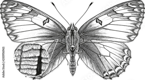 Detailed Black and White Butterfly Sketch Drawing Showing Wing Patterns and Body Anatomy Vector Illustration