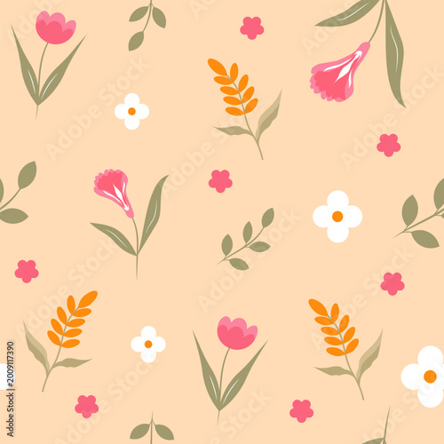 Seamless Floral Pattern with Leaves in Pastel Colors on Beige Background