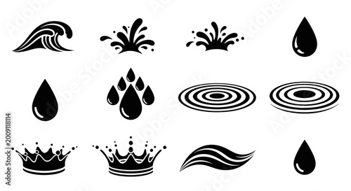 фотографія Water Icons Set: Wave, Drops, Splashes, Ripples, Crowns