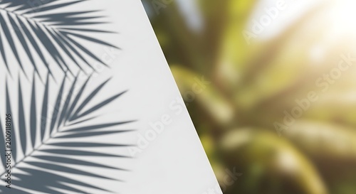 top view palm tree shadow on white background with sunny green leaves