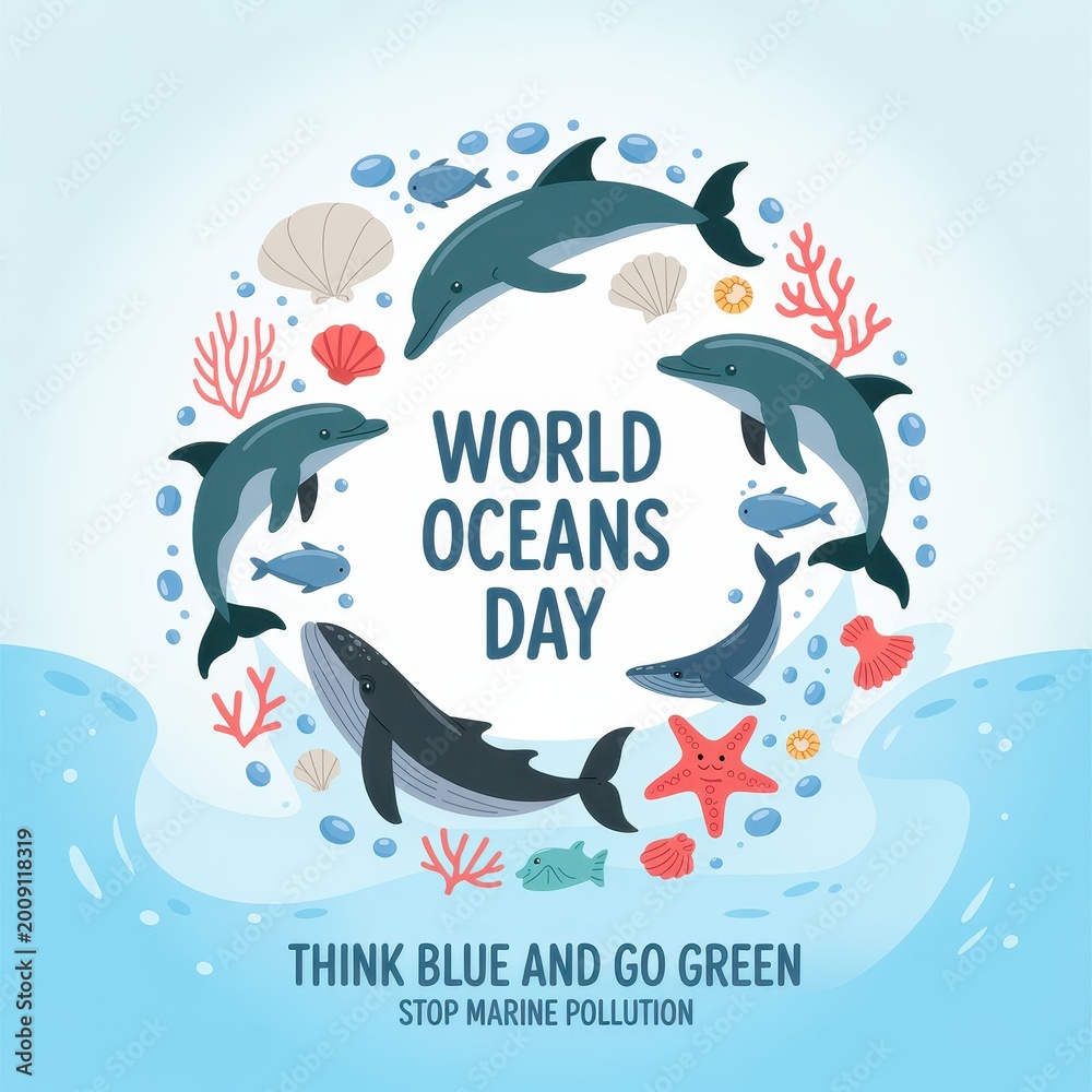 Obraz premium World Oceans Day concept with marine animals and stylized sea waves background