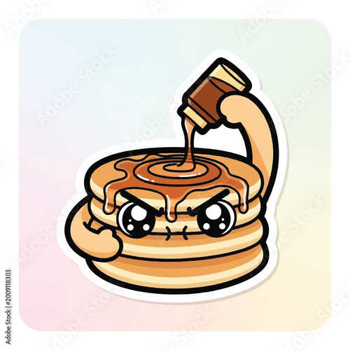Schilderij op canvas Angry Cartoon Pancake with Syrup Pouring.
