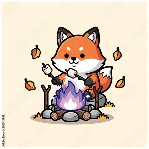 Photos Cartoon Fox Roasting Marshmallow on Fire.