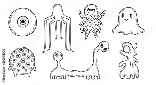 Canvastavla Whimsical Cartoon Monsters Collection - Hand Drawn Line Art Aliens