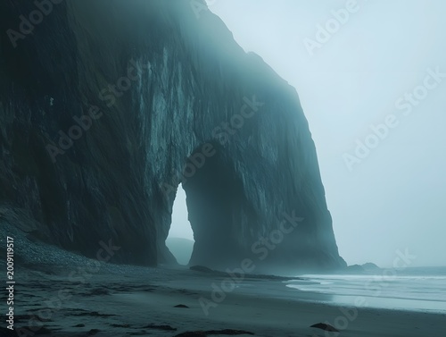 Misty Ocean Archway Cliff Face with Beach and Waves Moody Coastal Landscape