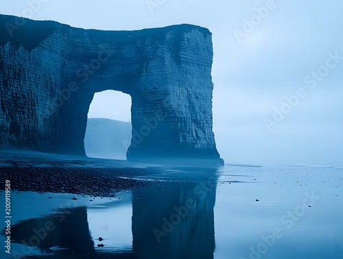 Coastal Archway Rock Formation with Ocean Reflection and Foggy Sky