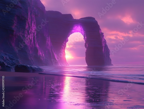 Ocean Arch Rock Formation at Sunset with Purple Hues and Water Reflections