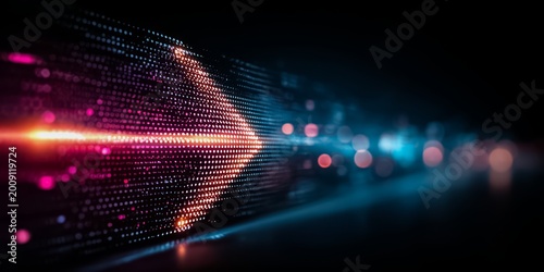 Bright red and blue arrow is shown in a blurry, pixelated image. The image has a futuristic, abstract feel to it