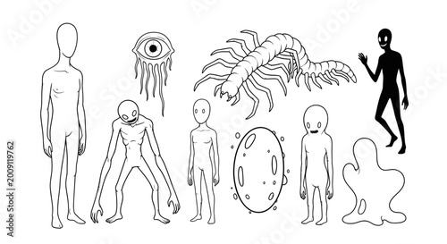 Obraz na płótnie Surreal Alien Creatures and Beings Collection, Hand-Drawn Style