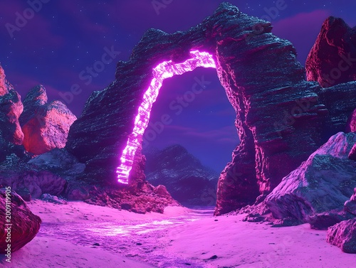 Glowing Neon Archway Portal on Alien Planet Landscape at Night