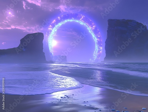 Mysterious Energy Portal Opens Over Ocean Beach at Dusk Purple Sky and Mist