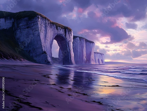 Dramatic Sea Arch Cliffs at Sunset with Purple Clouds and Reflecting Water