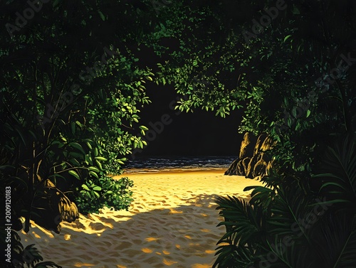 Tropical Beach Path through Lush Foliage to Ocean Shoreline Sunny Day