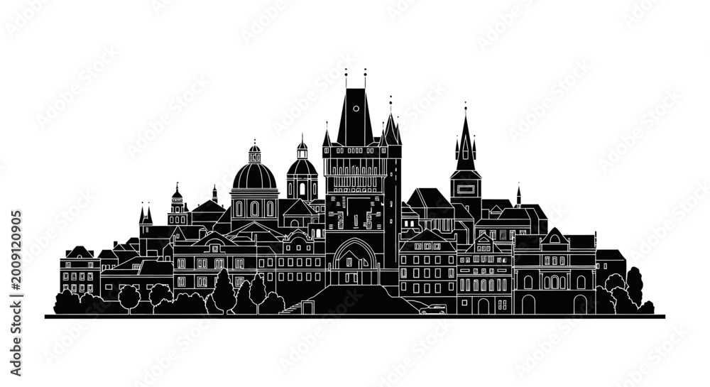 Obraz premium Prague City Skyline Silhouette ? Iconic Czech Architecture Illustration