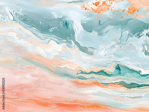 Abstract Swirls of Teal Peach and White Paint Marbling Texture Background