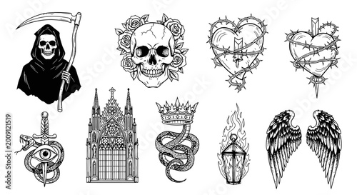 Fotografi Gothic Tattoo Design Elements: Grim Reaper, Skull, Heart, Wings, Snake
