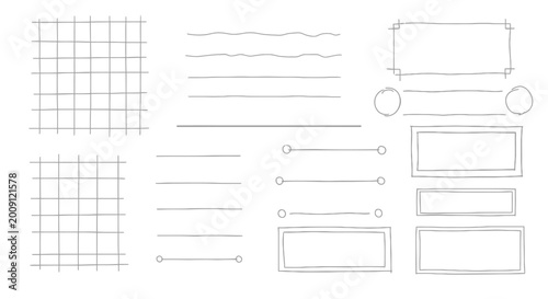 Hand-drawn doodle elements: grids, lines, borders, shapes for journaling and design