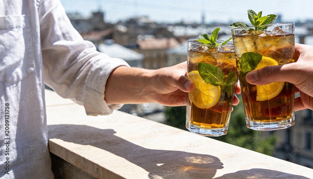Fototapeta premium Two people clinking glasses of iced tea with mint and lemon on a sunny rooftop.