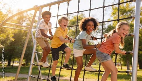 Diverse group of children playing on a rope climbing frame at a park. Happy kids laughing and holding onto each other during outdoor activity. Childhood friendship and active lifestyle concept
