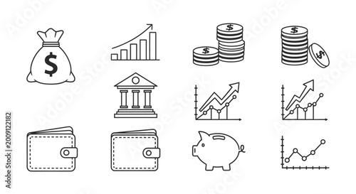 Bild auf Leinwand Financial Icons Set: Money Bag, Piggy Bank, Wallet, Bank, Graphs, Coins