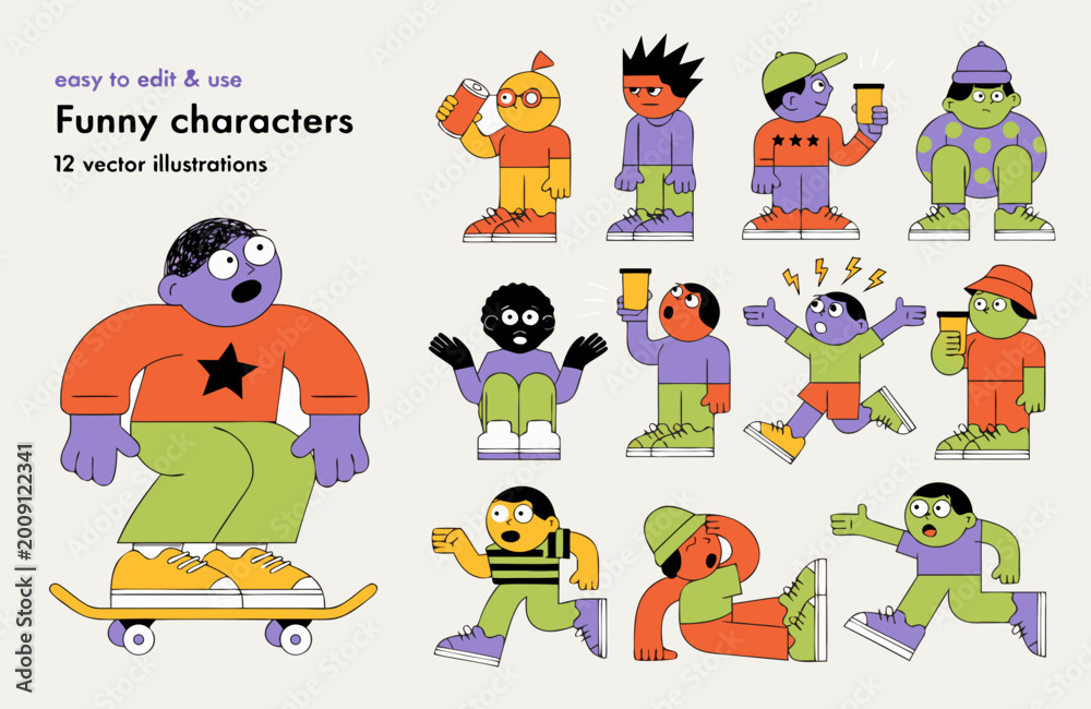 Fototapeta premium Characters featuring diverse individuals are displayed in a colorful collection of vector illustrations showing various activities and emotions, providing ample copy space for creative design project.
