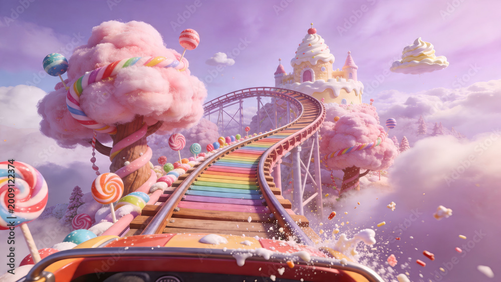 Obraz premium Fantasy candy land landscape with rainbow roller coaster, cotton candy trees, and sweet castle in clouds, conceptual illustration for children imagination and dreaming.