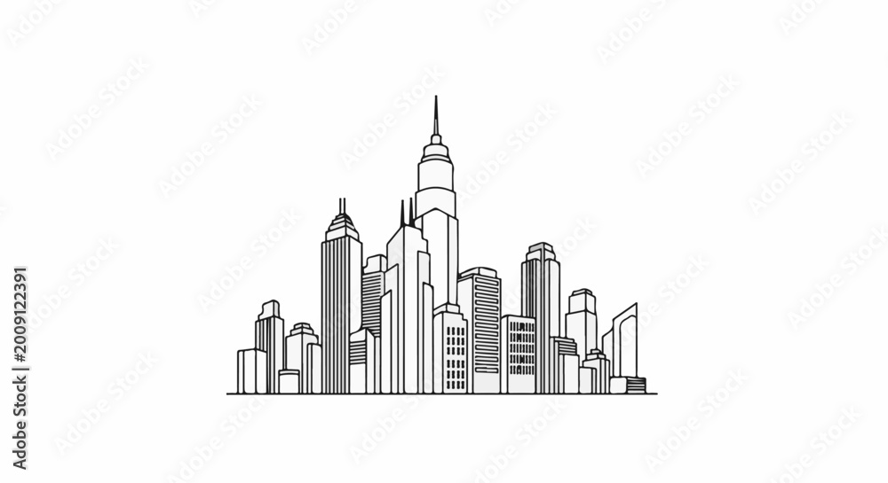 Fototapeta premium Stylized line art silhouette of a dense city skyline with diverse architecture